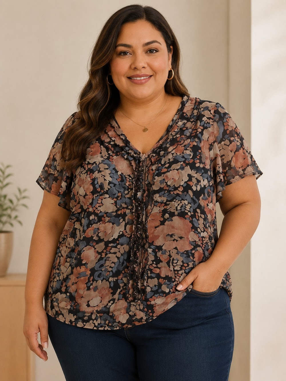 212 Collection Brown and Blue Floral V-Neck Flutter Sleeve Blouse